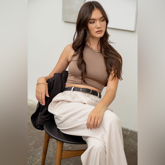 108B. Double Layer Cropped Tank Top - Taupe - Picture 2 of 2